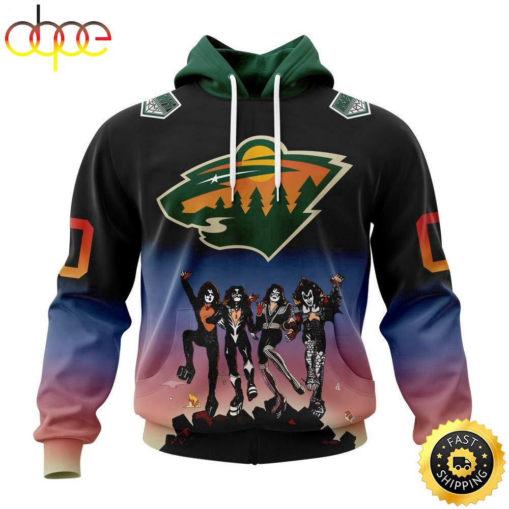Custom Name And Number NHL Minnesota Wild X KISS Band All Over Print Hoodie Shirt