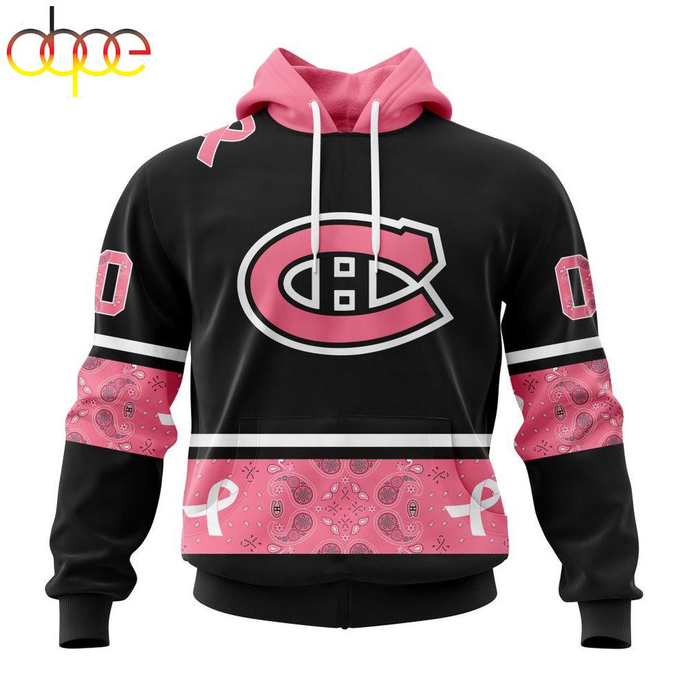 Custom Name And Number NHL Montreal Canadiens Breast Cancer All Over Print Hoodie