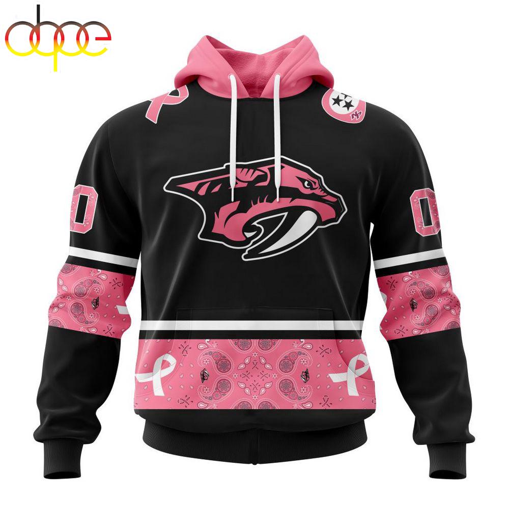 Custom Name And Number NHL Nashville Predators Breast Cancer All Over Print Hoodie