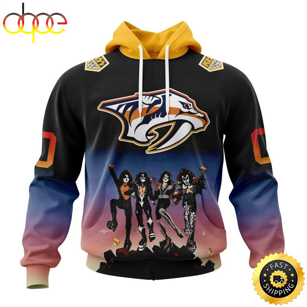 Custom Name And Number NHL Nashville Predators X KISS Band All Over Print Hoodie Shirt