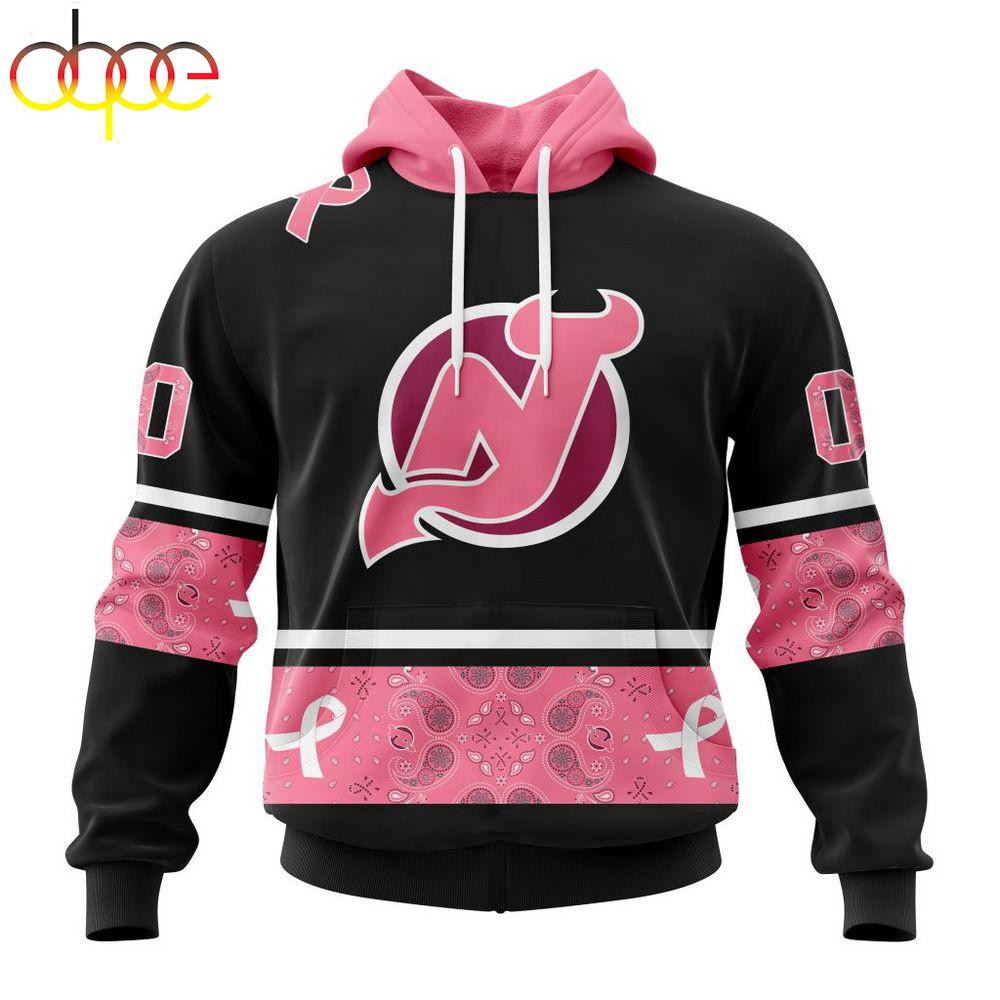 Custom Name And Number NHL New Jersey Devils Breast Cancer All Over Print Hoodie