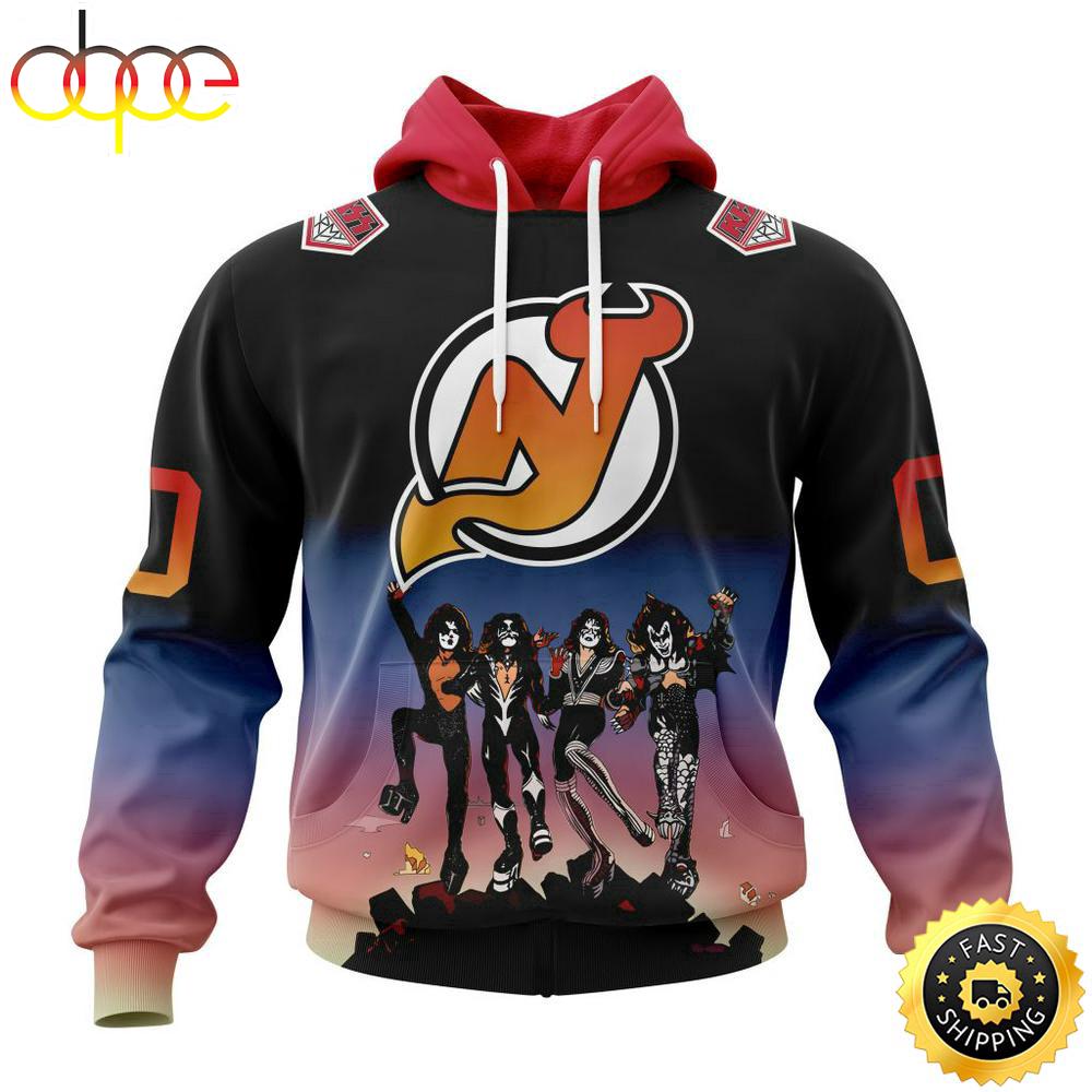 Custom Name And Number NHL New Jersey Devils X KISS Band All Over Print Hoodie Shirt