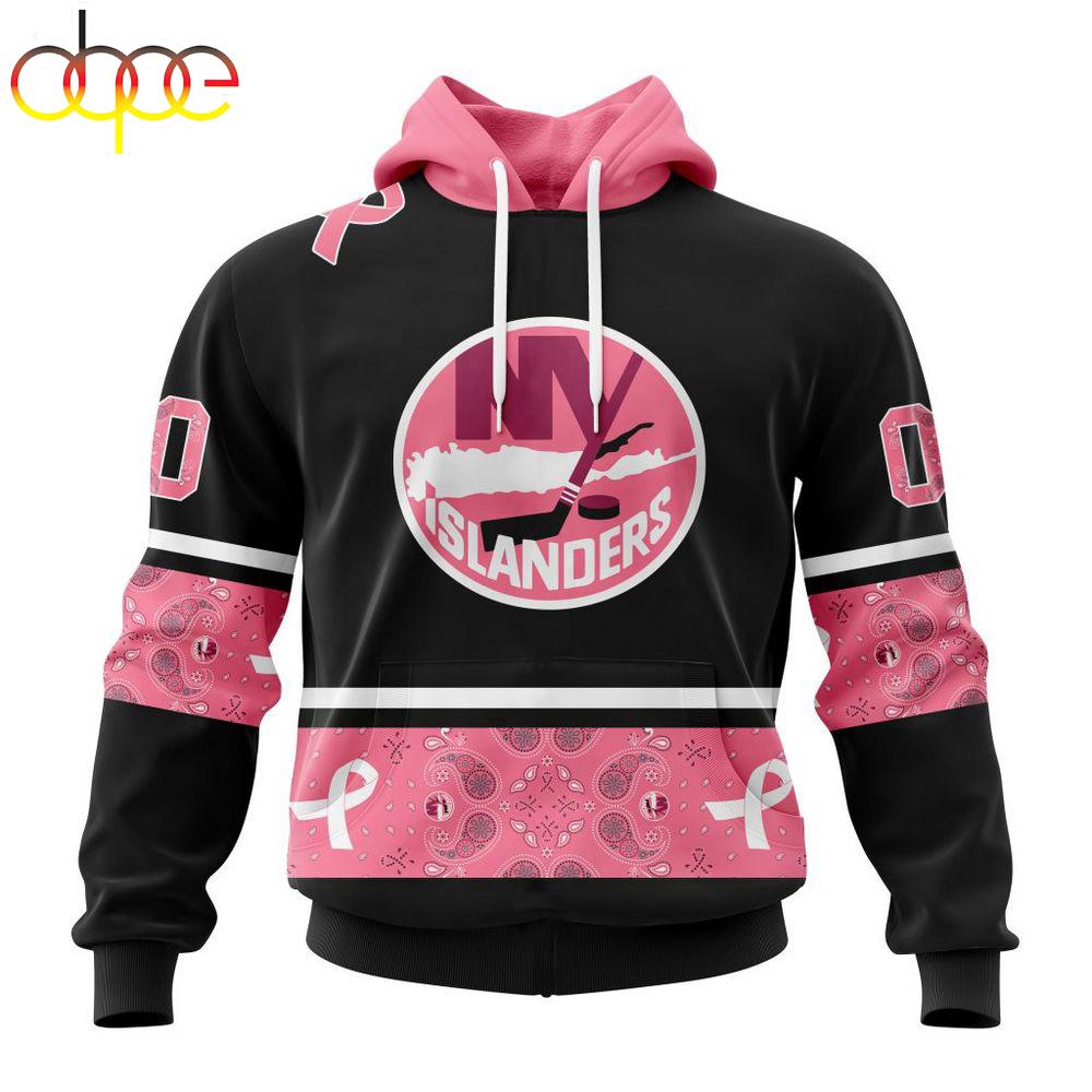 Custom Name And Number NHL New York Islanders Breast Cancer All Over Print Hoodie