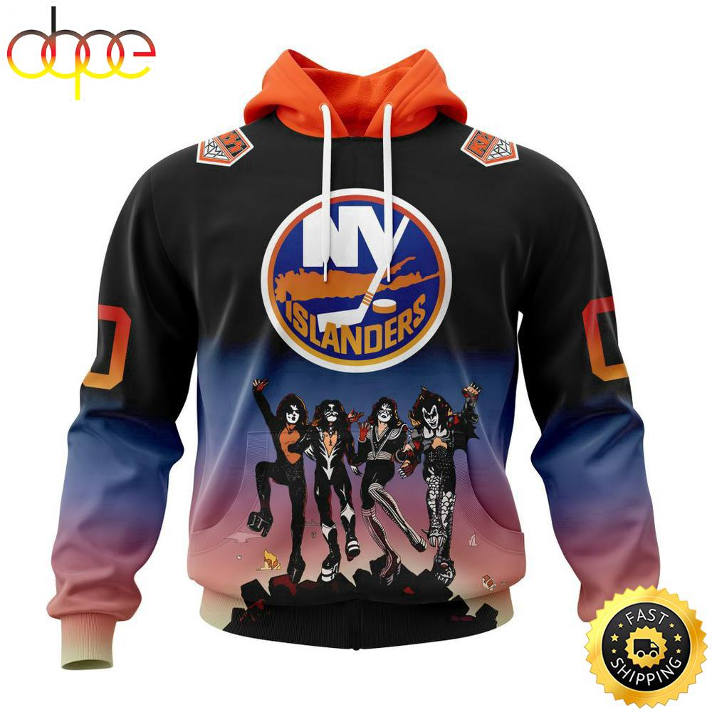 Custom Name And Number NHL New York Islanders X KISS Band All Over Print Hoodie Shirt