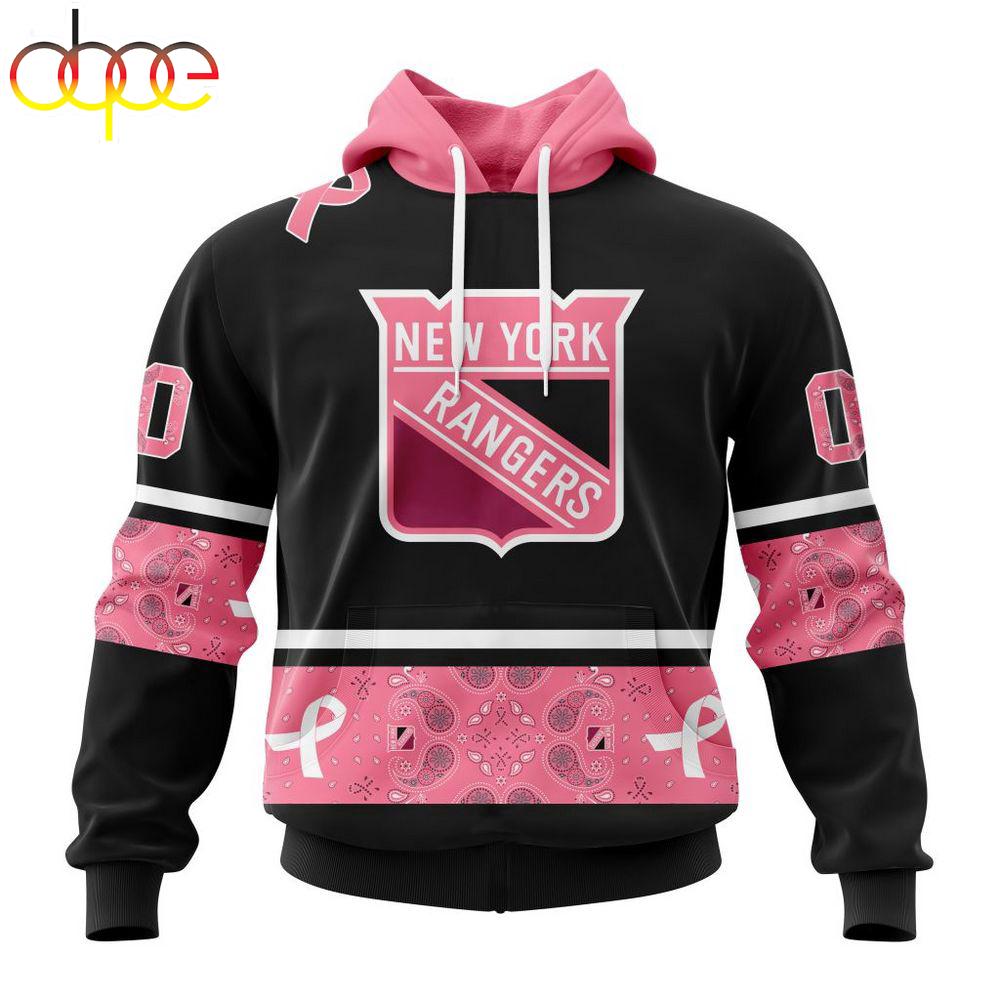 Custom Name And Number NHL New York Rangers Breast Cancer All Over Print Hoodie