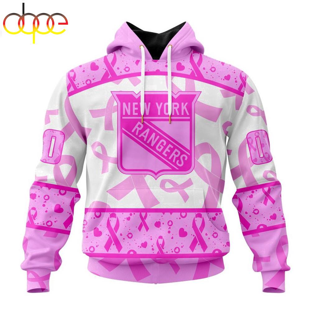 Custom Name And Number NHL New York Rangers Pink October Breast Cancer Awareness 3D Hoodie