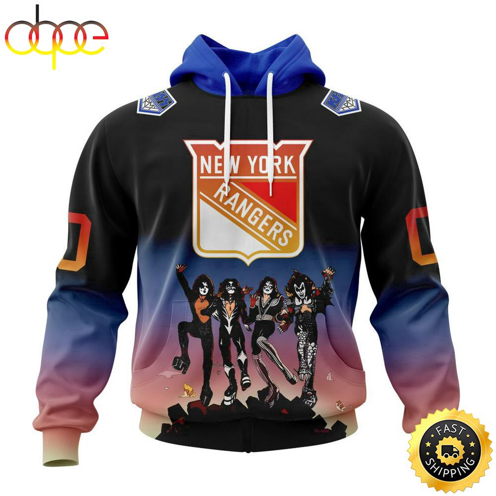 Custom Name And Number NHL New York Rangers X KISS Band All Over Print Hoodie Shirt