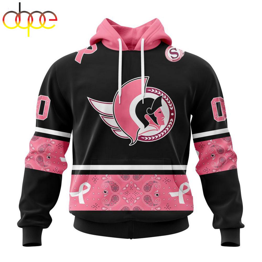 Custom Name And Number NHL Ottawa Senators Breast Cancer All Over Print Hoodie