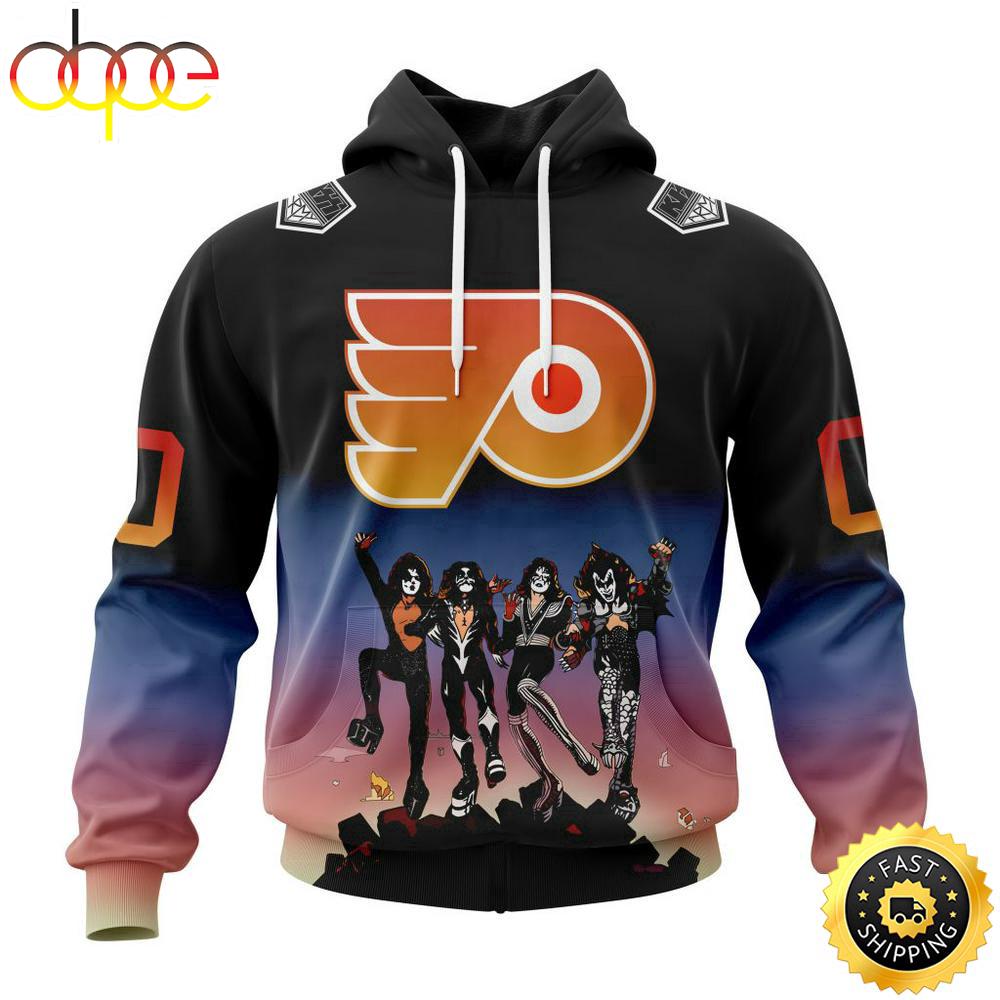Custom Name And Number NHL Philadelphia Flyers X KISS Band All Over Print Hoodie Shirt