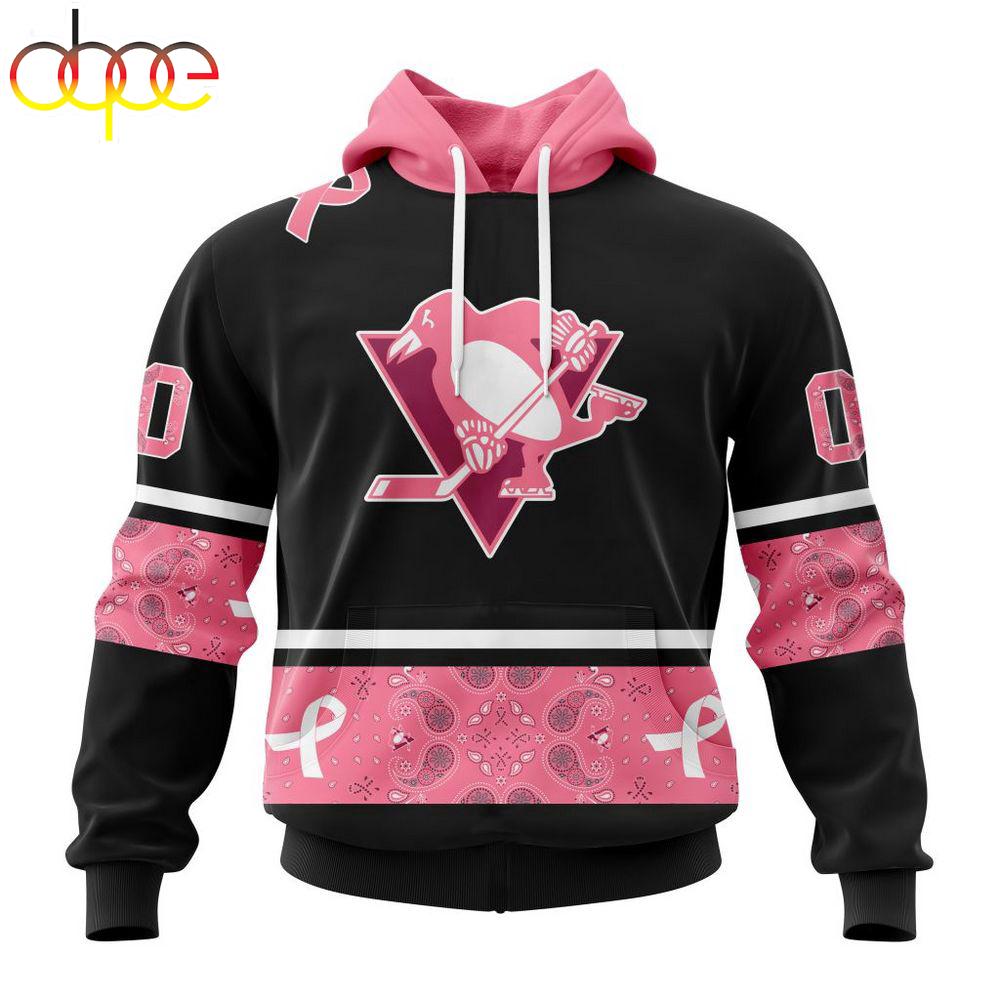 Custom Name And Number NHL Pittsburgh Penguins Breast Cancer All Over Print Hoodie