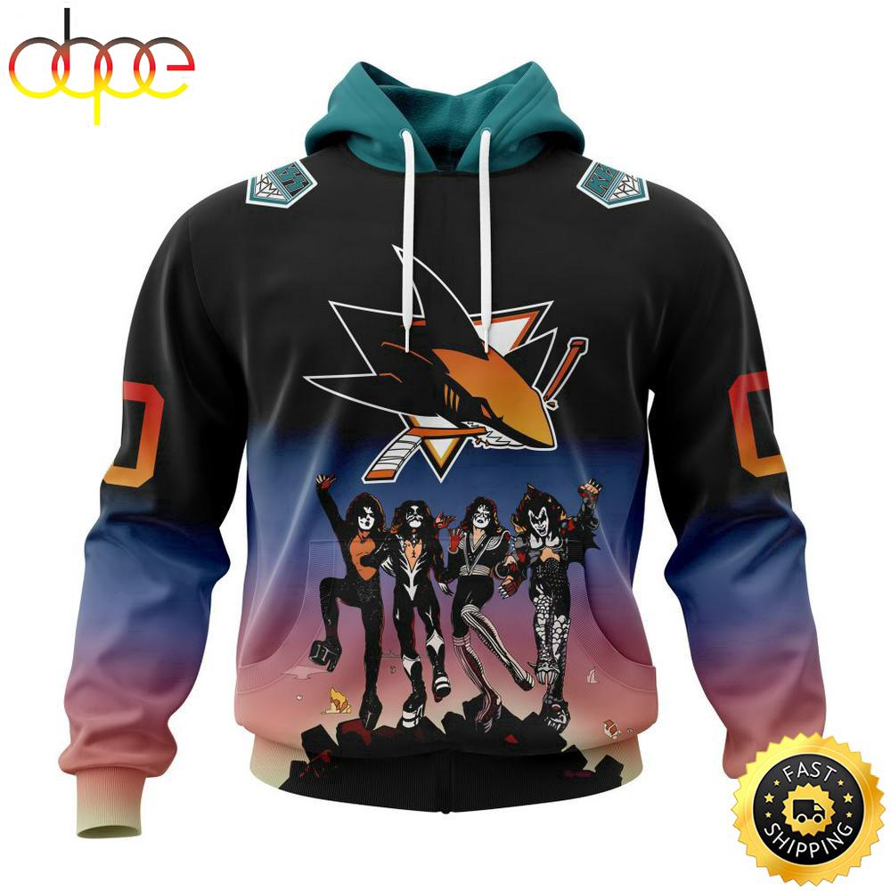 Custom Name And Number NHL San Jose Sharks X KISS Band All Over Print Hoodie Shirt