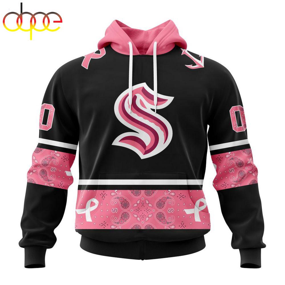 Custom Name And Number NHL Seattle Kraken Breast Cancer All Over Print Hoodie