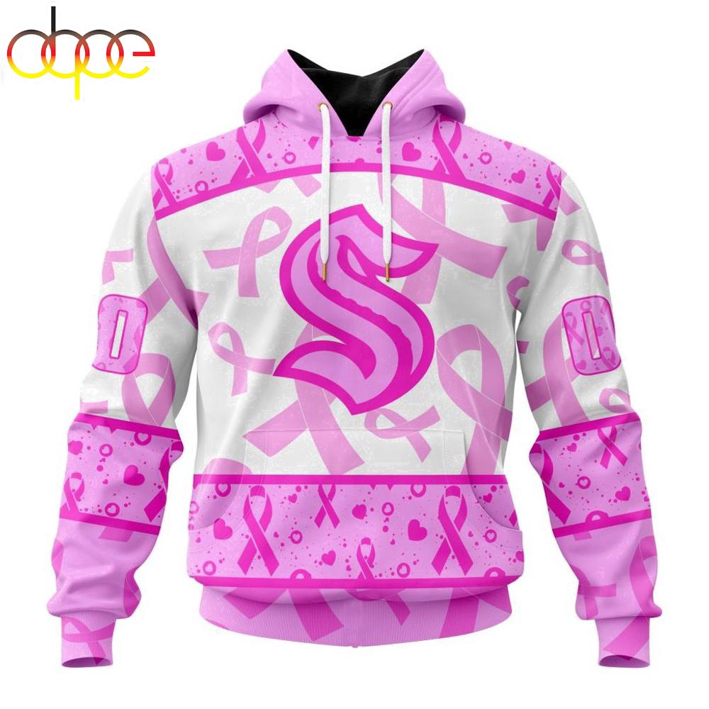 Custom Name And Number NHL Seattle Kraken Pink October Breast Cancer Awareness 3D Hoodie