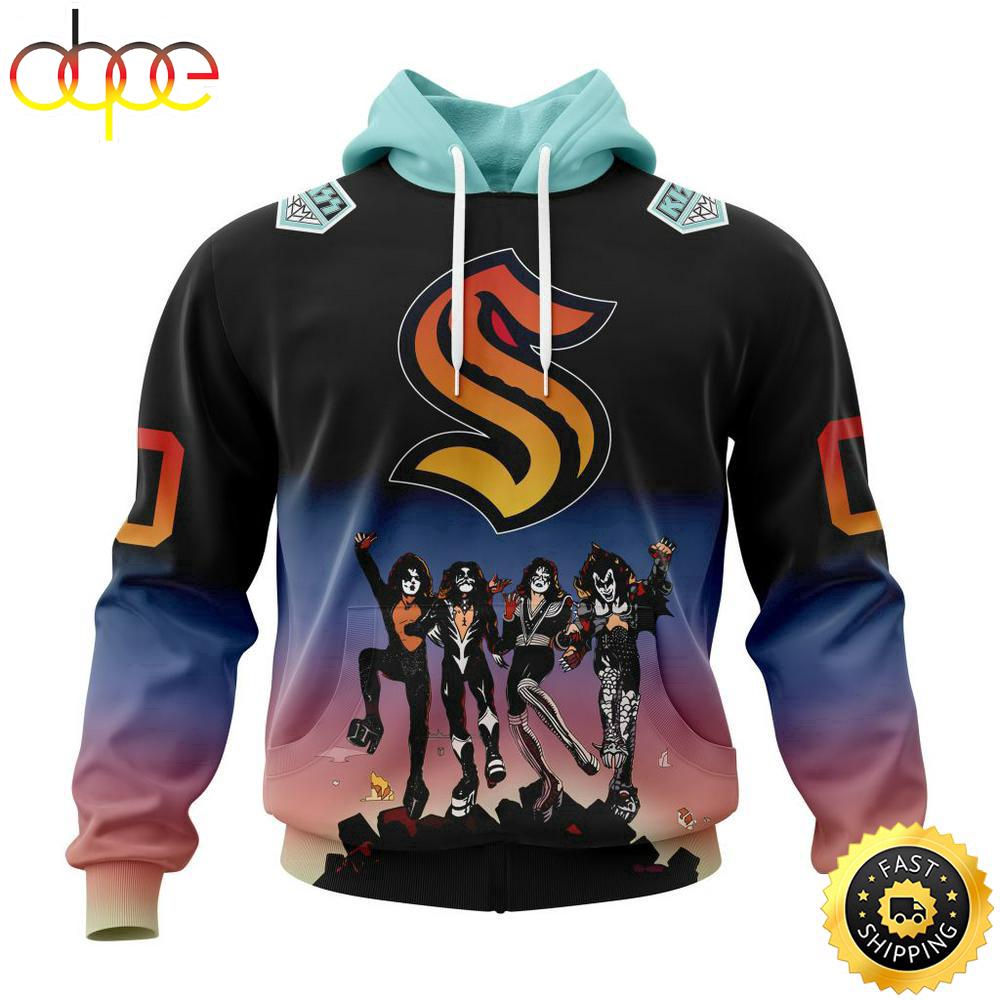 Custom Name And Number NHL Seattle Kraken X KISS Band All Over Print Hoodie Shirt