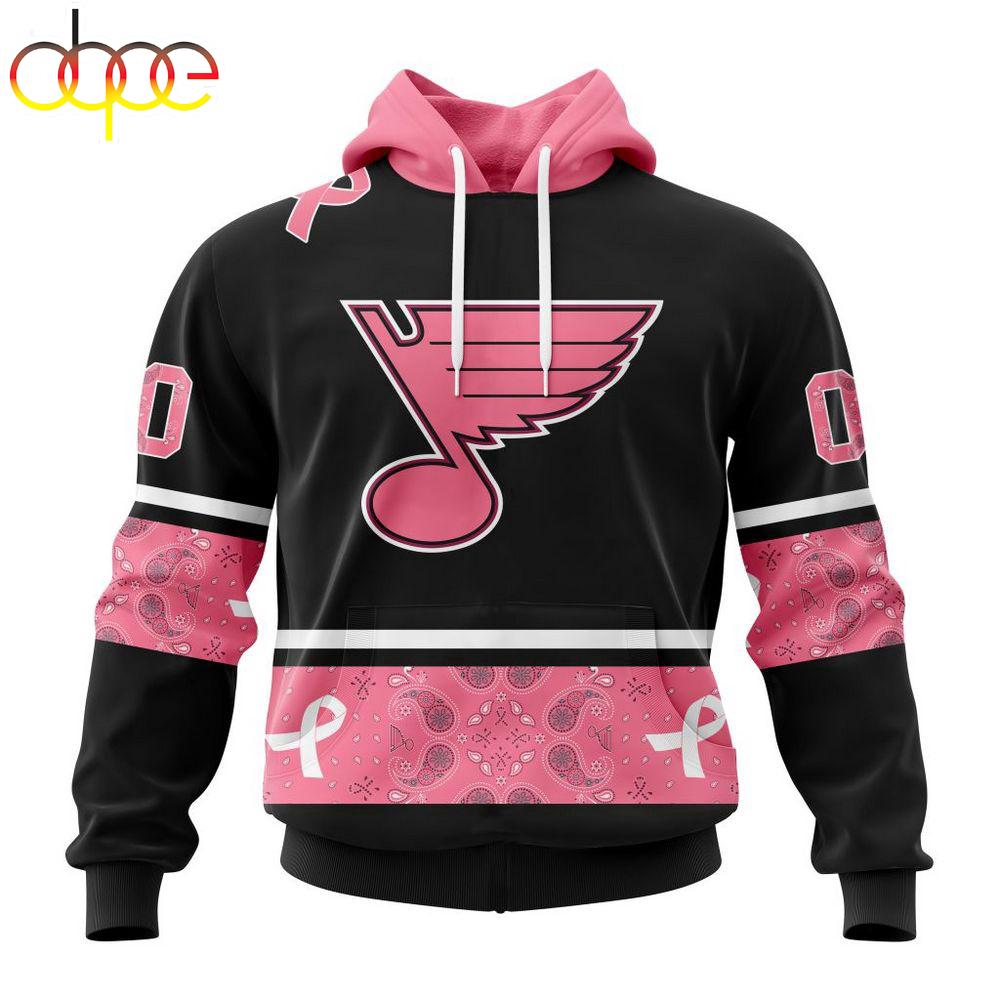 Custom Name And Number NHL St. Louis Blues Breast Cancer All Over Print Hoodie