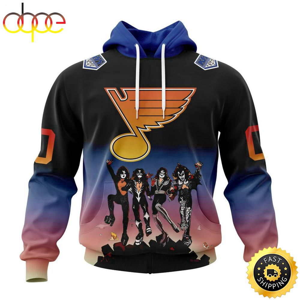 Custom Name And Number NHL St. Louis Blues X KISS Band All Over Print Hoodie Shirt