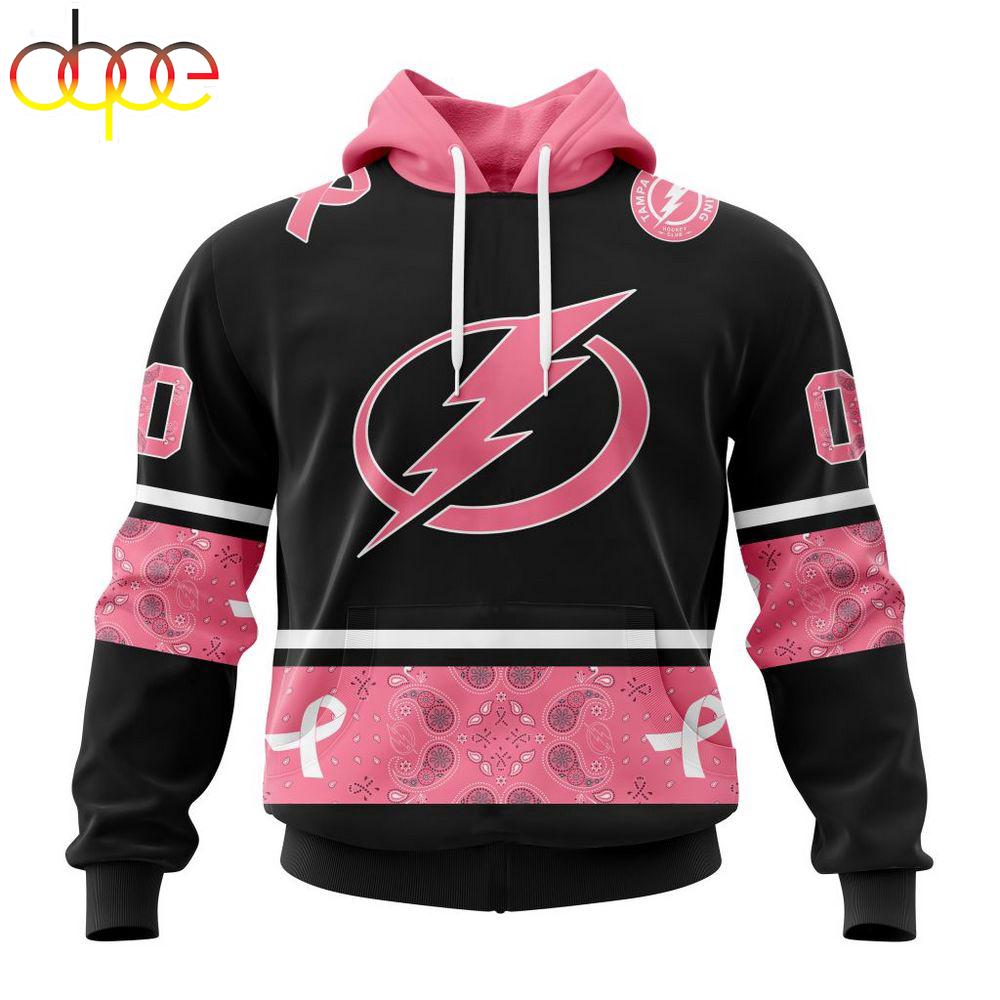 Custom Name And Number NHL Tampa Bay Lightning Breast Cancer All Over Print Hoodie
