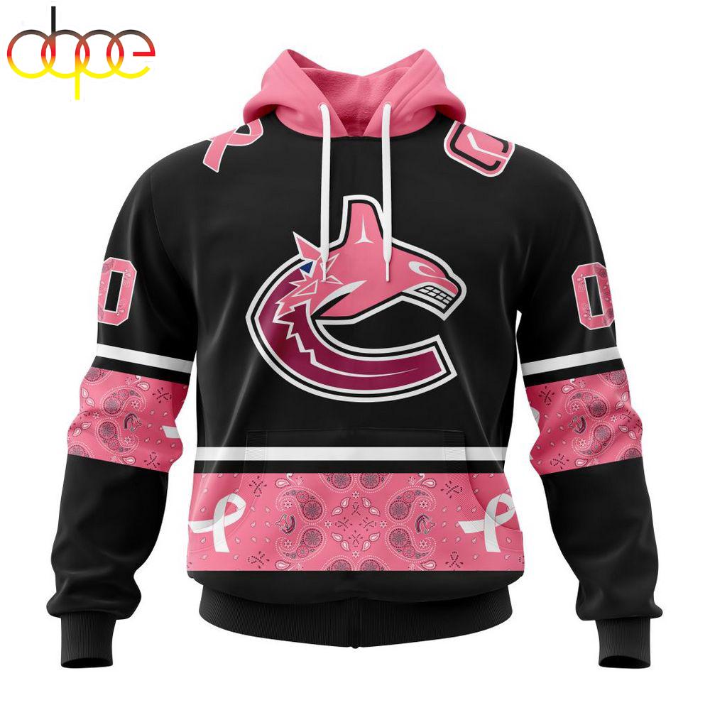 Custom Name And Number NHL Vancouver Canucks Breast Cancer All Over Print Hoodie