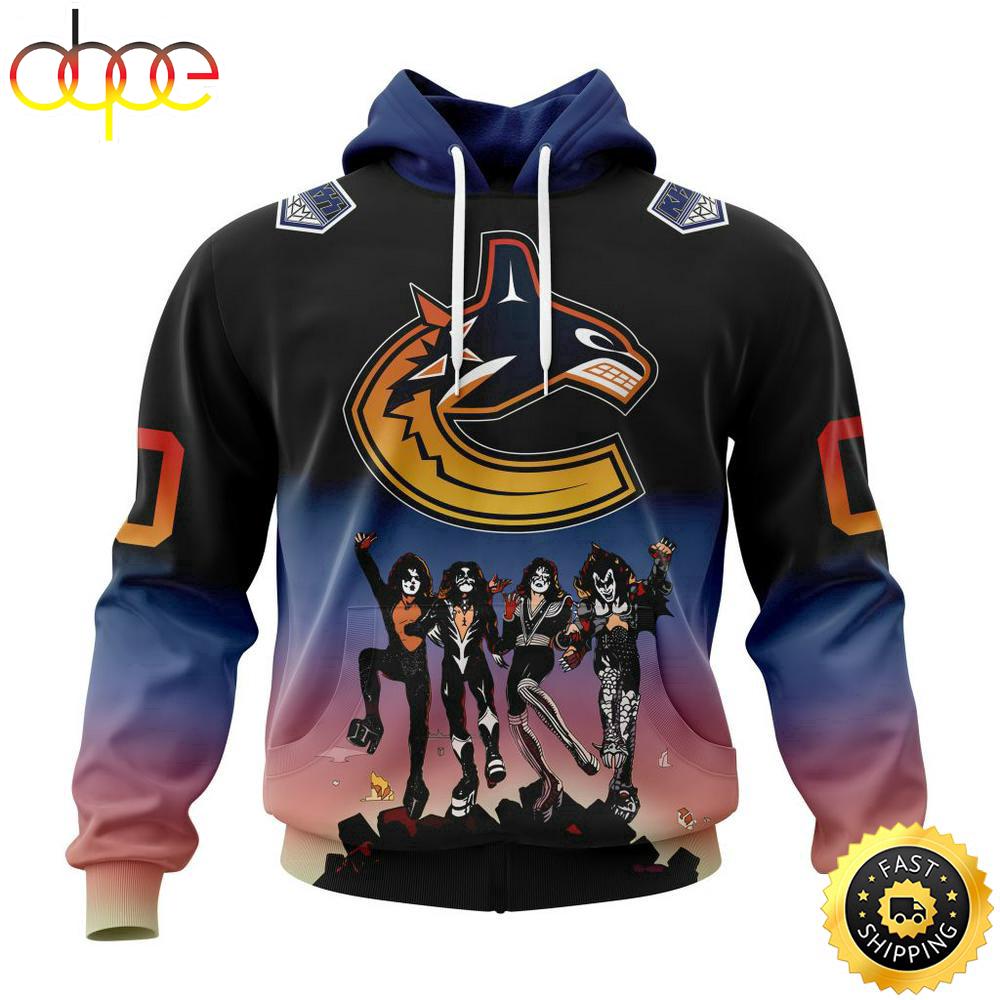 Custom Name And Number NHL Vancouver Canucks X KISS Band All Over Print Hoodie Shirt