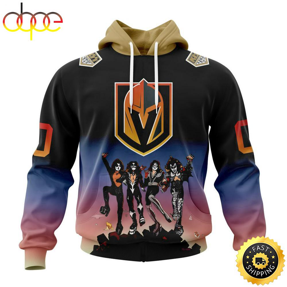 Custom Name And Number NHL Vegas Golden Knights X KISS Band All Over Print Hoodie Shirt