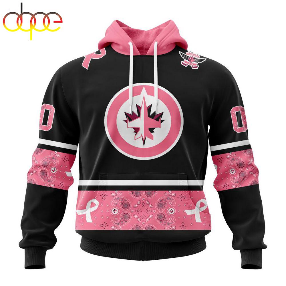 Custom Name And Number NHL Winnipeg Jets Breast Cancer All Over Print Hoodie