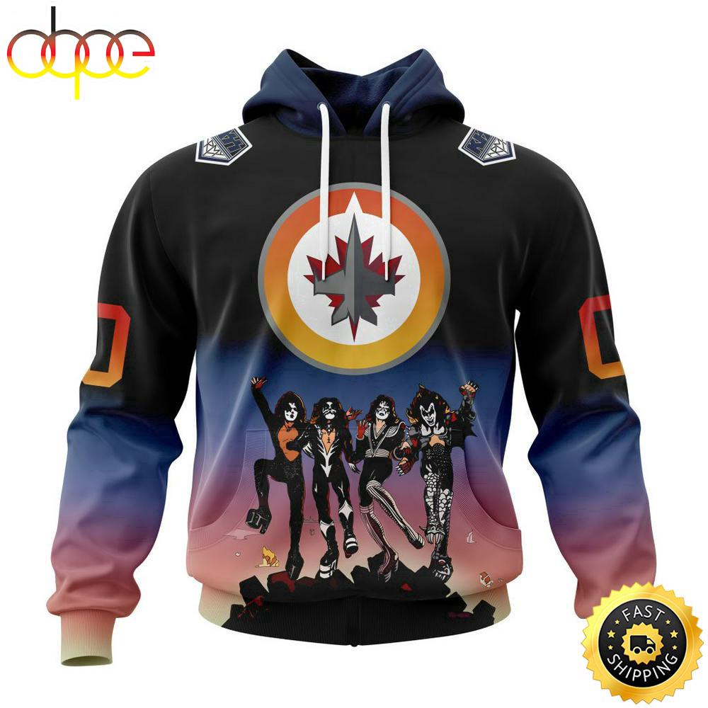 Custom Name And Number NHL Winnipeg Jets X KISS Band All Over Print Hoodie Shirt