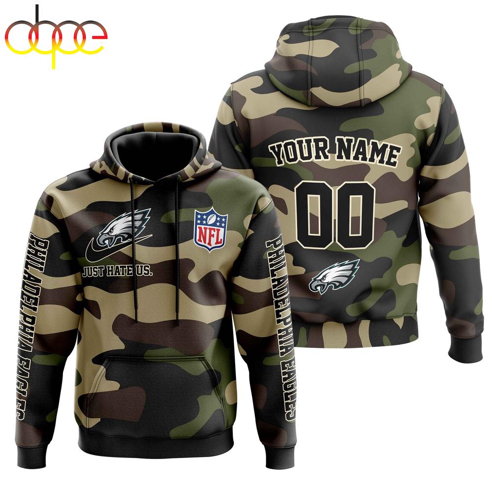 Custom Name And Number Philadelphia Eagles Camo Style Veteran Day All Over Print Hoodie Shirt