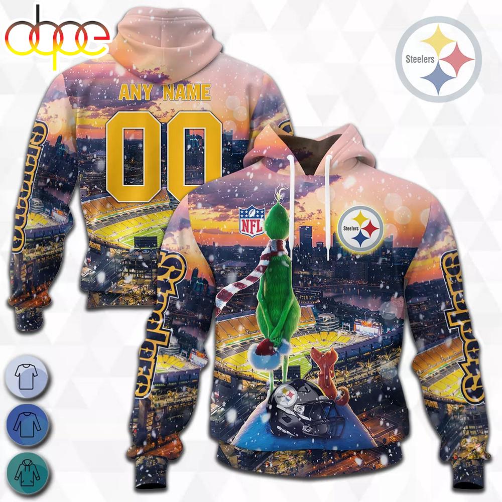 Custom Name And Number Pittsburgh Steelers NFL Grinch All Over Print Hoodie Shirt