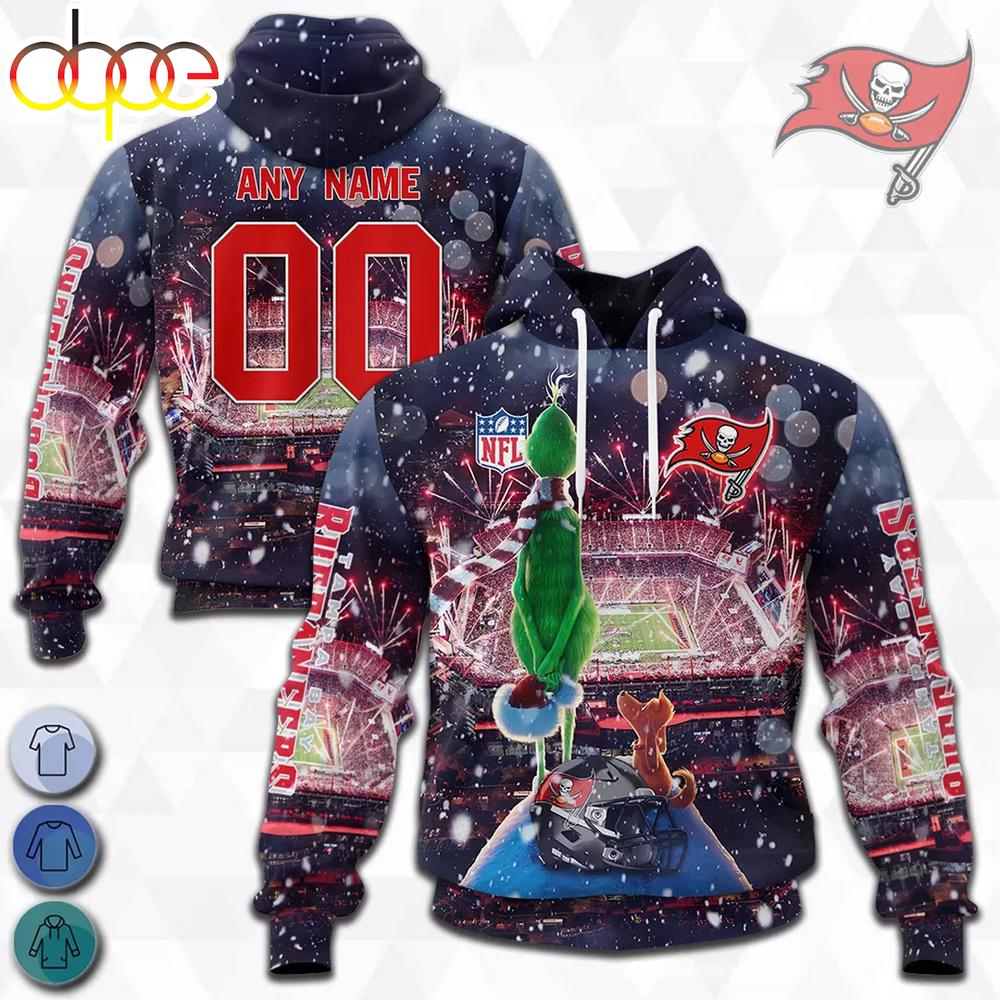 Custom Name And Number Tampa Bay Buccaneers NFL Grinch All Over Print Hoodie Shirt