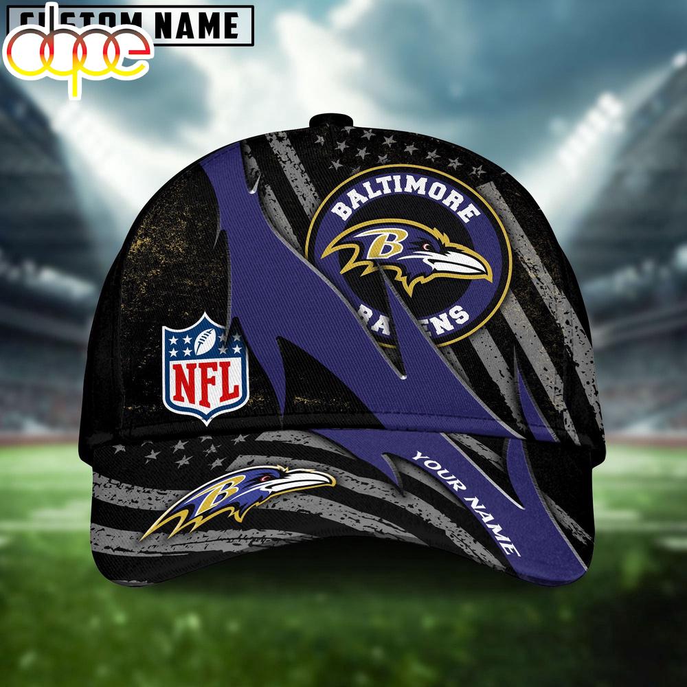 Custom Name Baltimore Ravens NFL Black And White American Flag Fire Baseball Cap