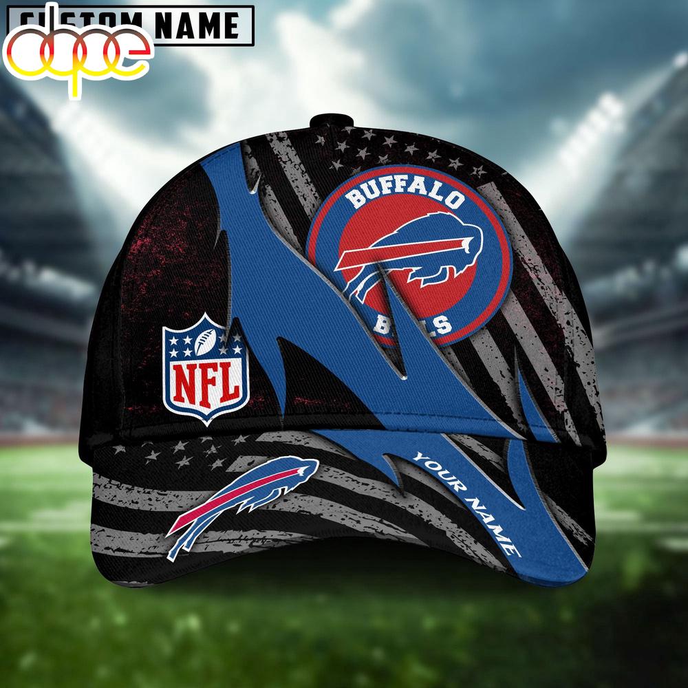 Custom Name Buffalo Bills NFL Black And White American Flag Fire Baseball Cap