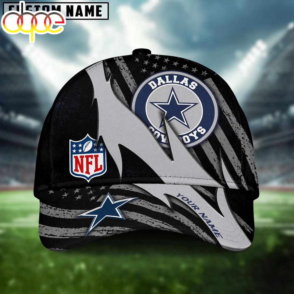 Custom Name Dallas Cowboys NFL Black And White American Flag Fire Baseball Cap