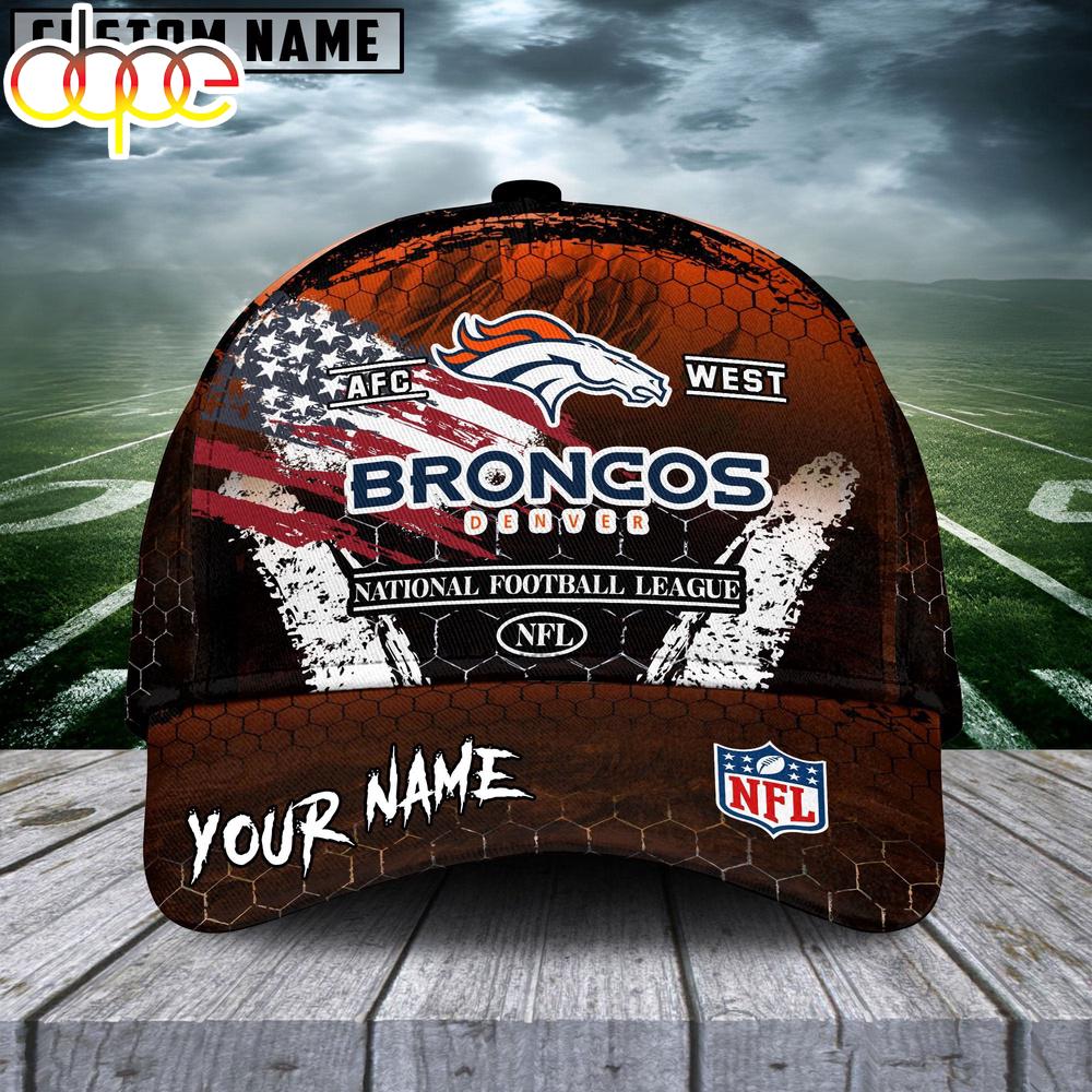Custom Name Denver Broncos NFL Dark Scratch American Flag Baseball Cap