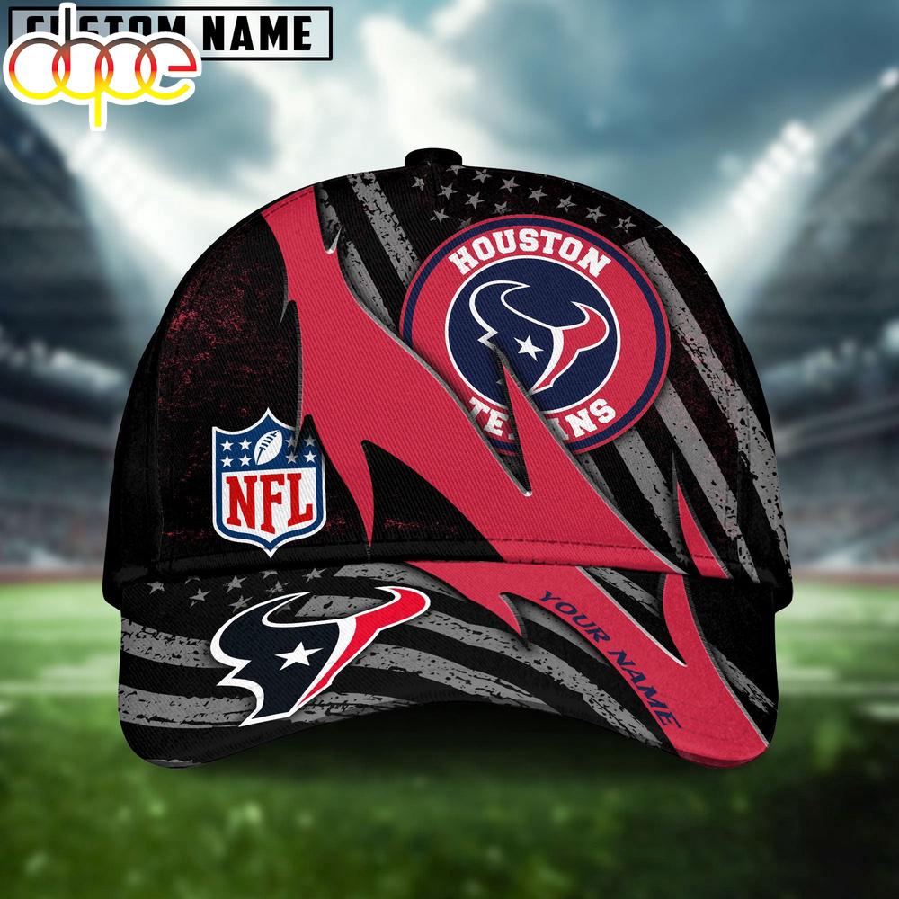 Custom Name Houston Texans NFL Black And White American Flag Fire Baseball Cap