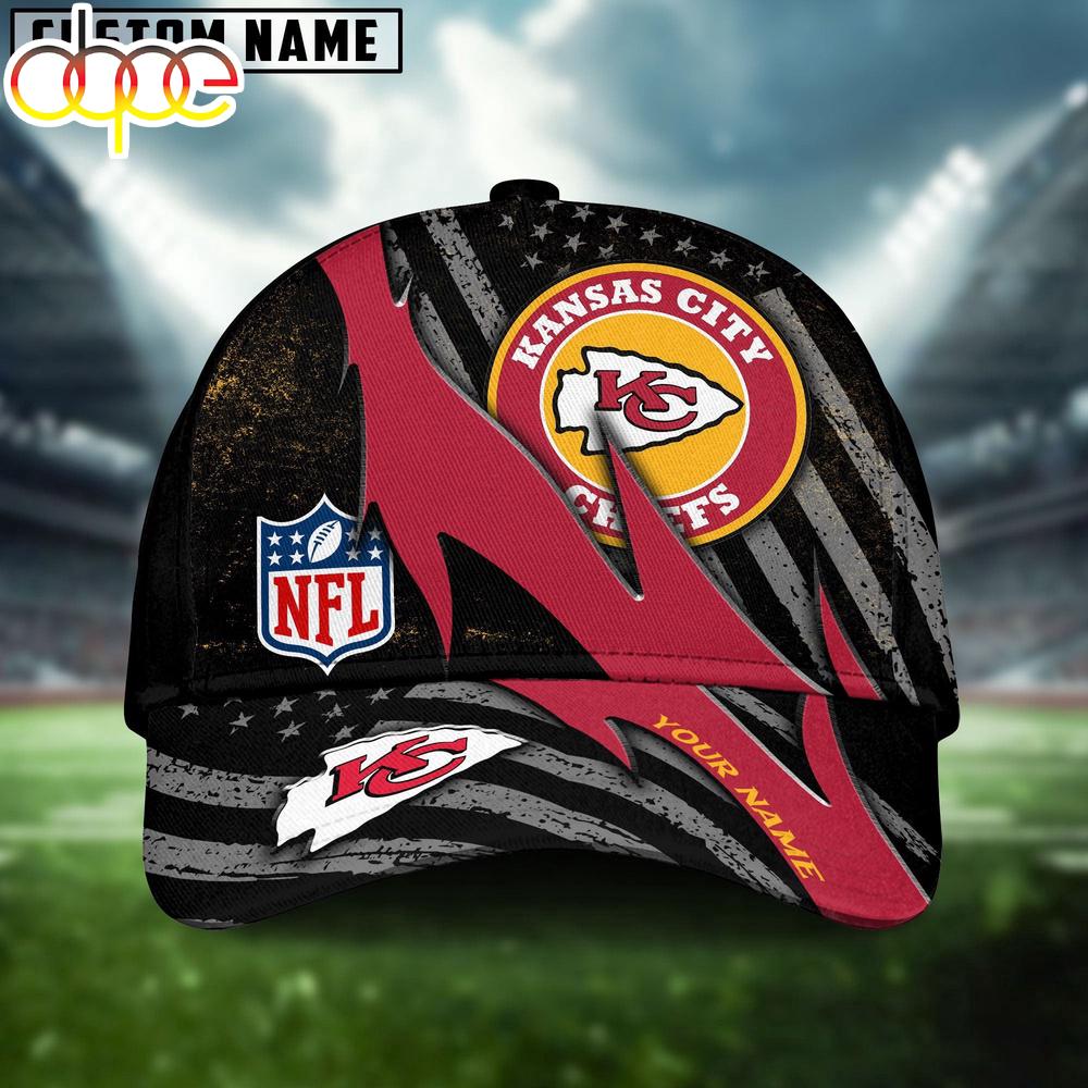 Custom Name Kansas City Chiefs NFL Black And White American Flag Fire Baseball Cap