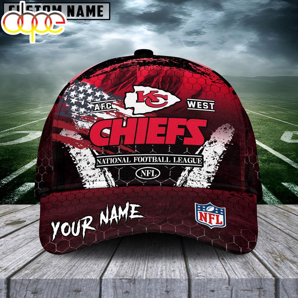 Custom Name Kansas City Chiefs NFL Dark Scratch American Flag Baseball Cap