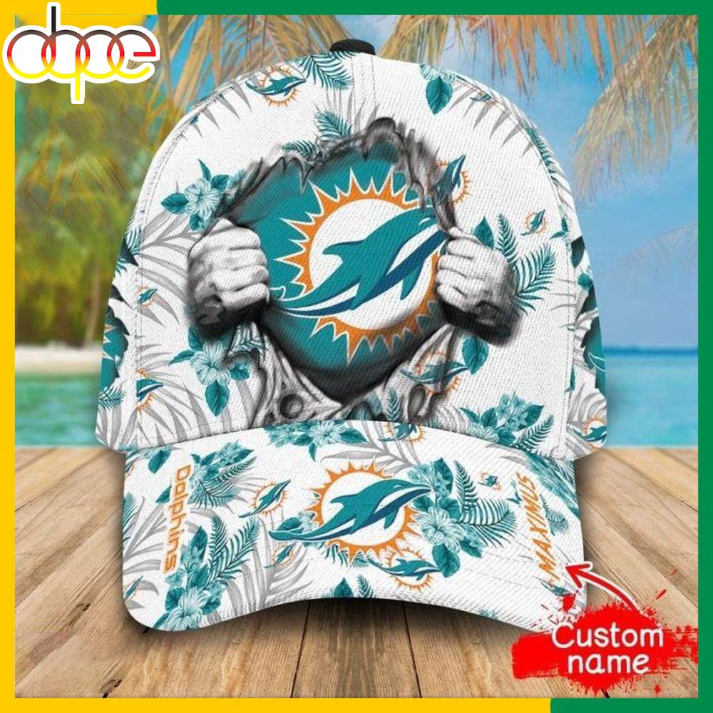 Custom Name Miami Dolphins NFL Hawaiian Pattern Classic Baseball Cap
