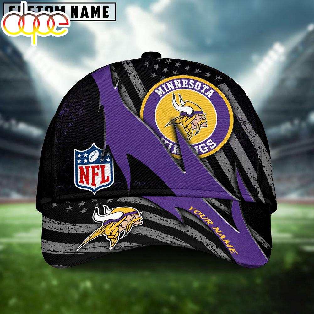 Custom Name Minnesota Vikings NFL Black And White American Flag Fire Baseball Cap