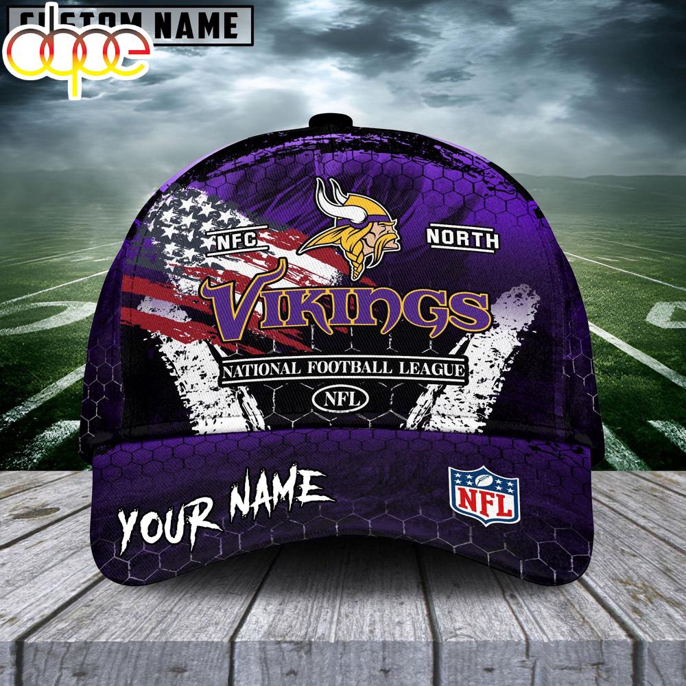 Custom Name Minnesota Vikings NFL Dark Scratch American Flag Baseball Cap