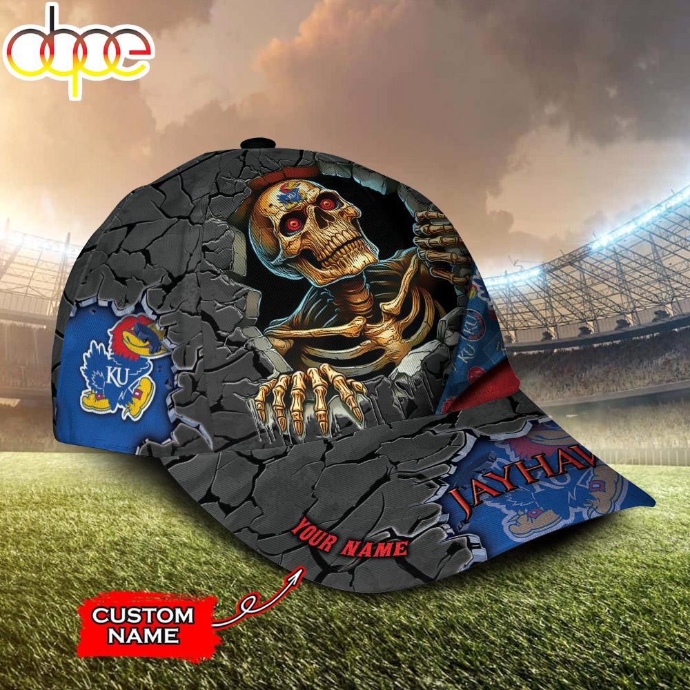 Custom Name NCAA Kansas Jayhawks Skeleton Halloween Classic Cap