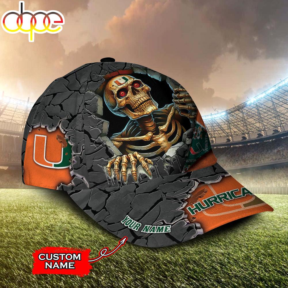 Custom Name NCAA Miami Hurricanes Skeleton Halloween Classic Cap