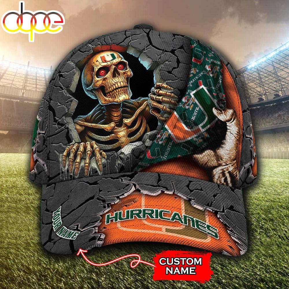 Custom Name NCAA Miami Hurricanes Skeleton Halloween Classic Cap
