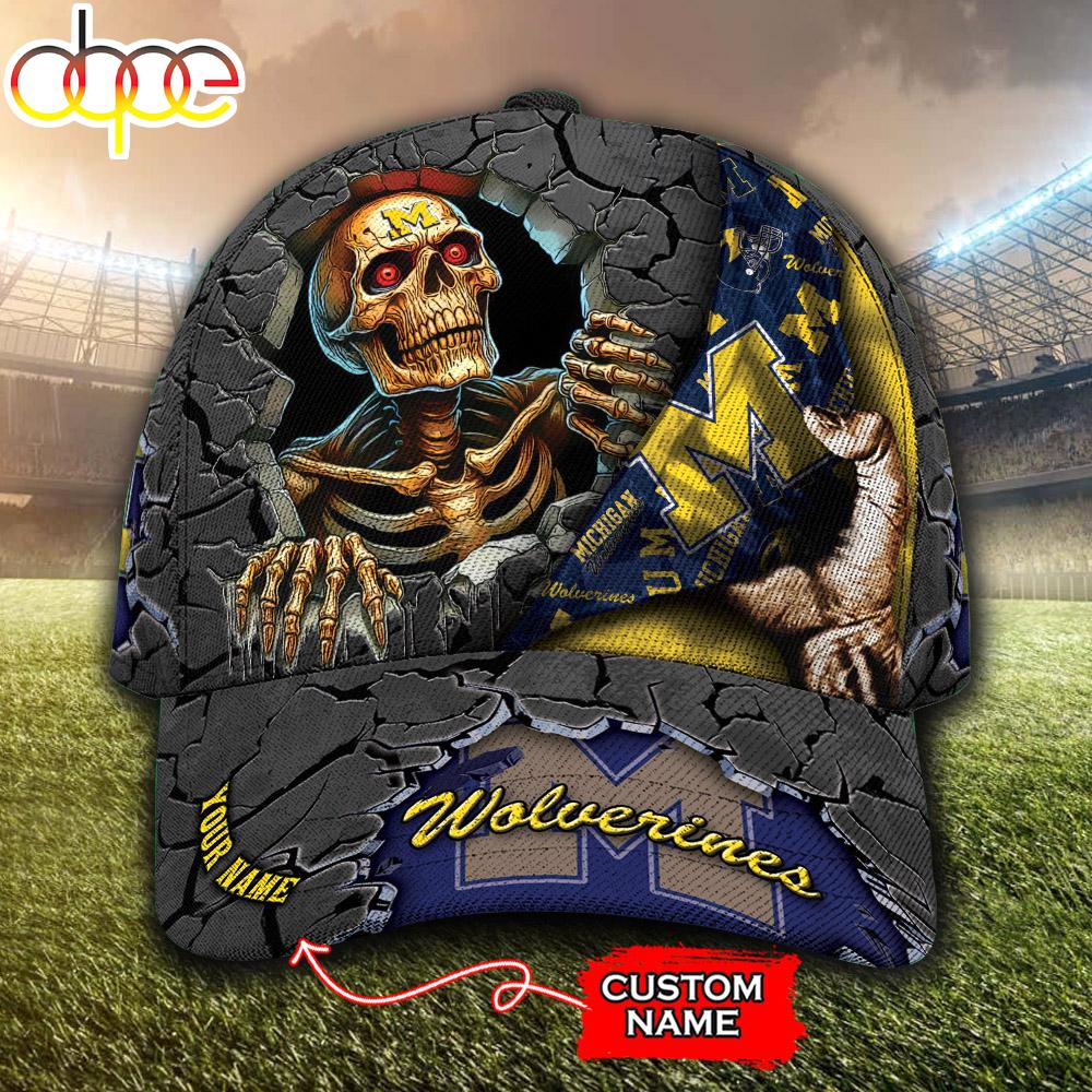 Custom Name NCAA Michigan Wolverines Skeleton Halloween Classic Cap
