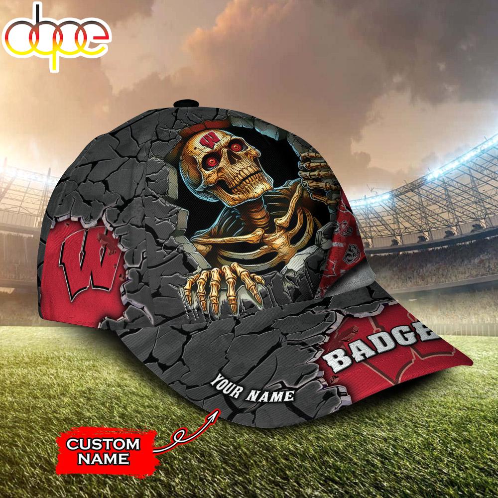 Custom Name NCAA Wisconsin Badgers Skeleton Halloween Classic Cap