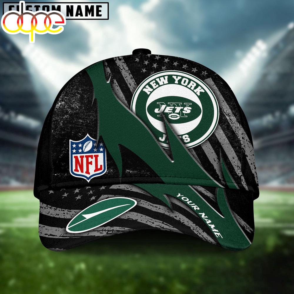 Custom Name New York Jets NFL Black And White American Flag Fire Baseball Cap