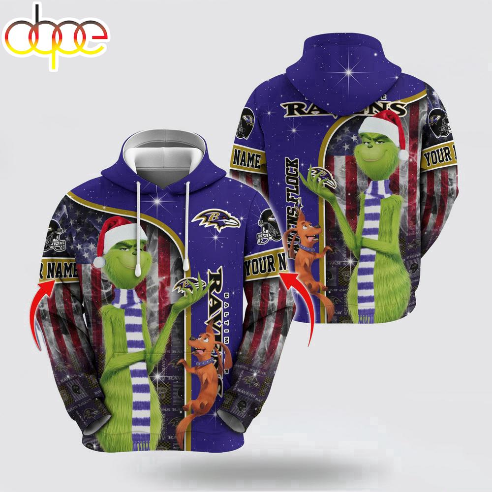 Custom Name NFL Baltimore Ravens Grinch Santa All Over Print Hoodie Shirt