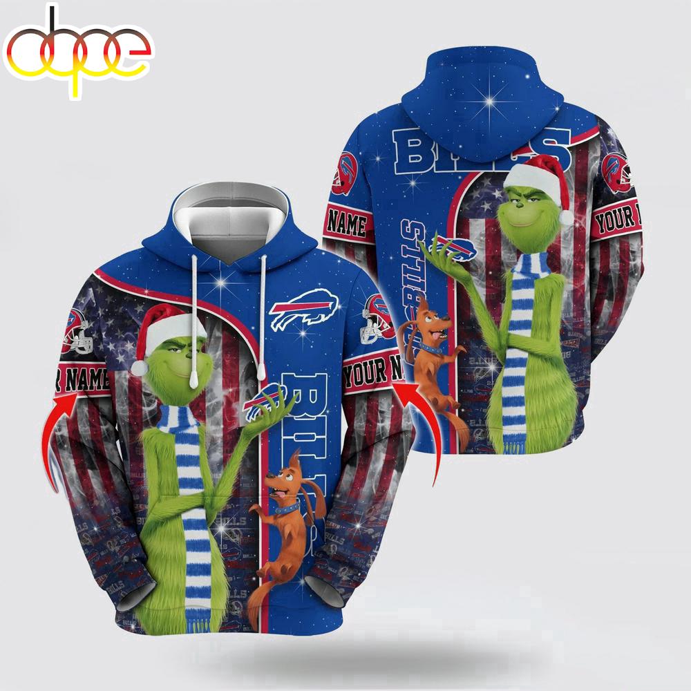 Custom Name NFL Buffalo Bills Grinch Santa All Over Print Hoodie Shirt