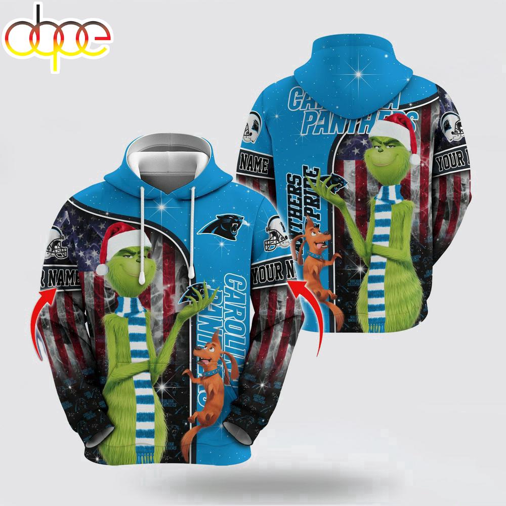 Custom Name NFL Carolina Panthers Grinch Santa All Over Print Hoodie Shirt