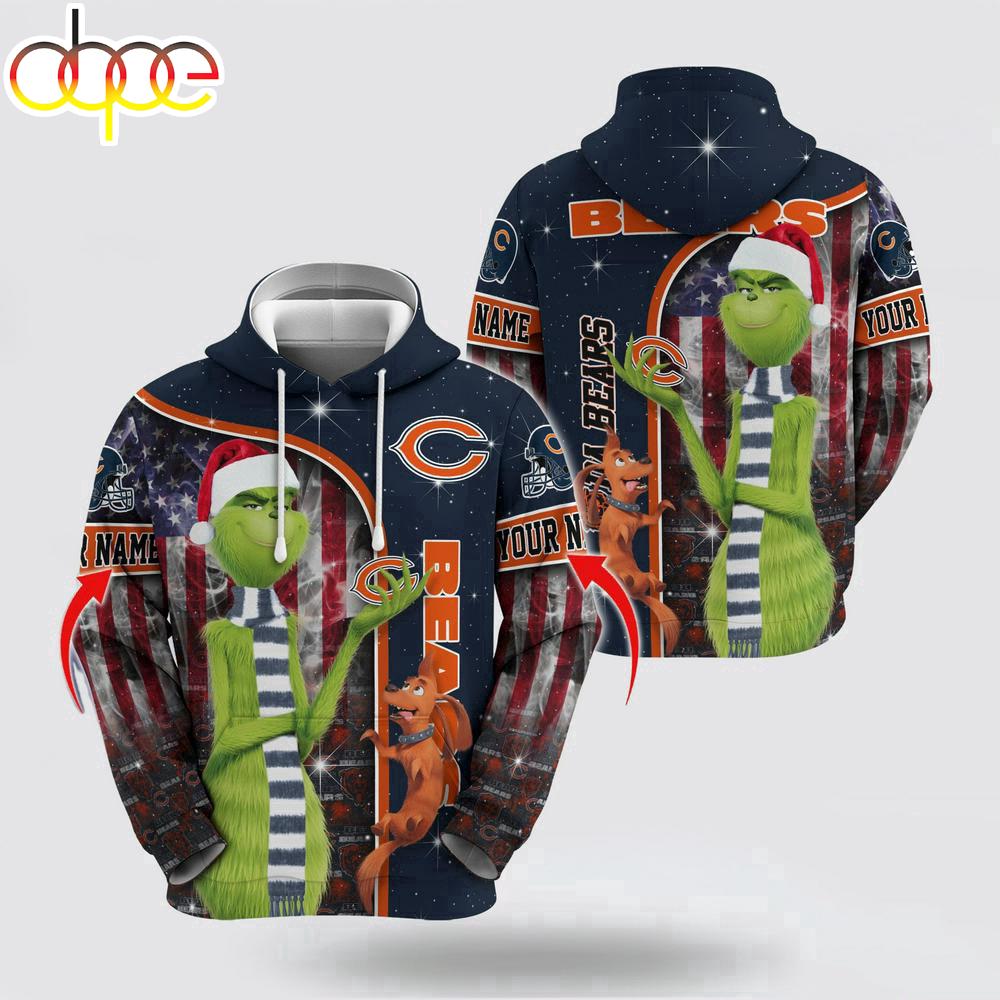 Custom Name NFL Chicago Bears Grinch Santa All Over Print Hoodie Shirt