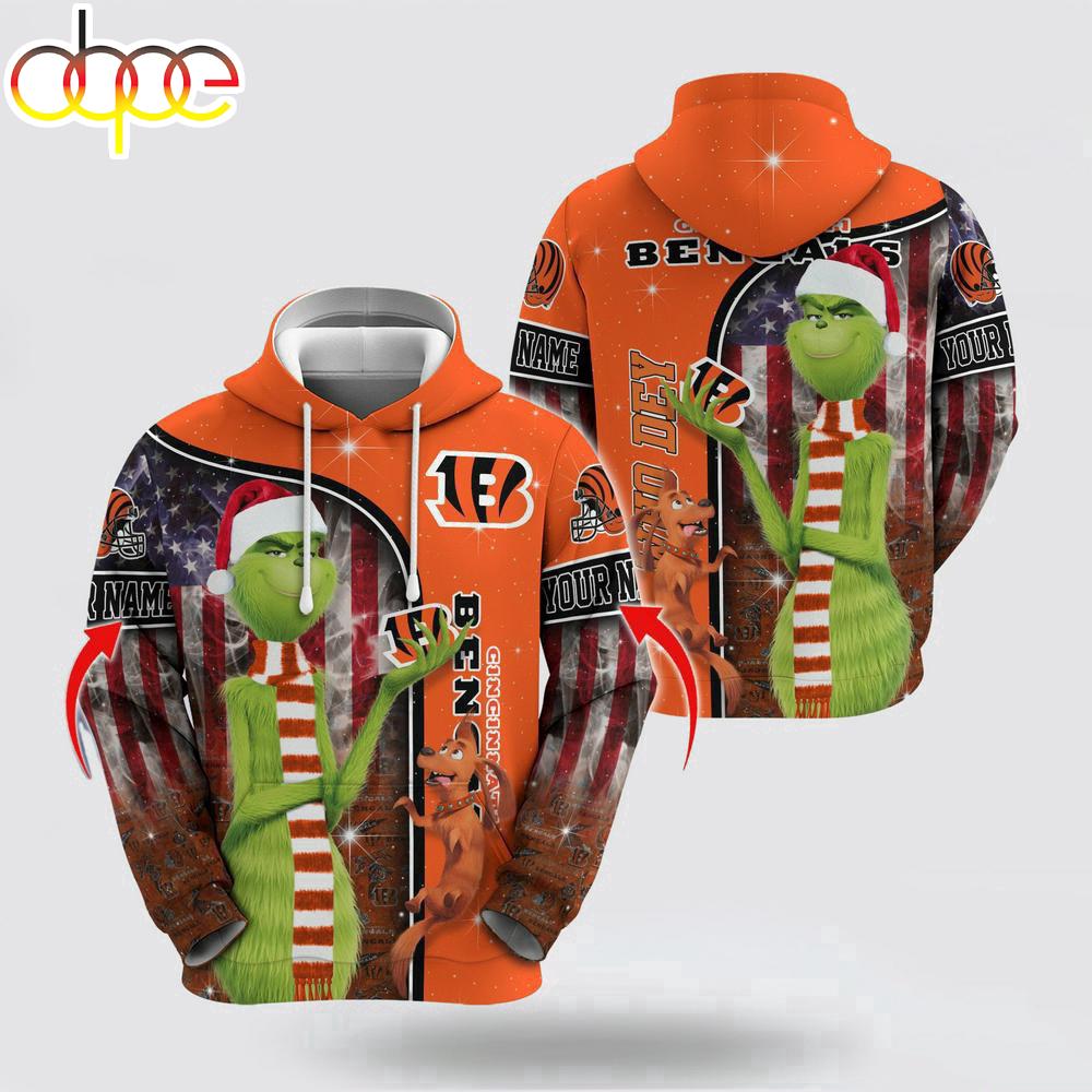 Custom Name NFL Cincinnati Bengals Grinch Santa All Over Print Hoodie Shirt